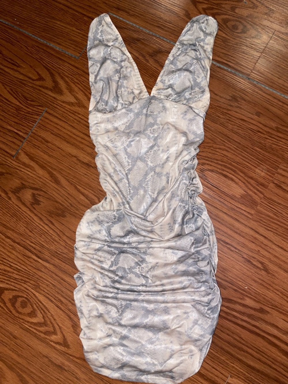 Fashion Nova Gray Snake-Print Ruched V-Neck Mini Dress